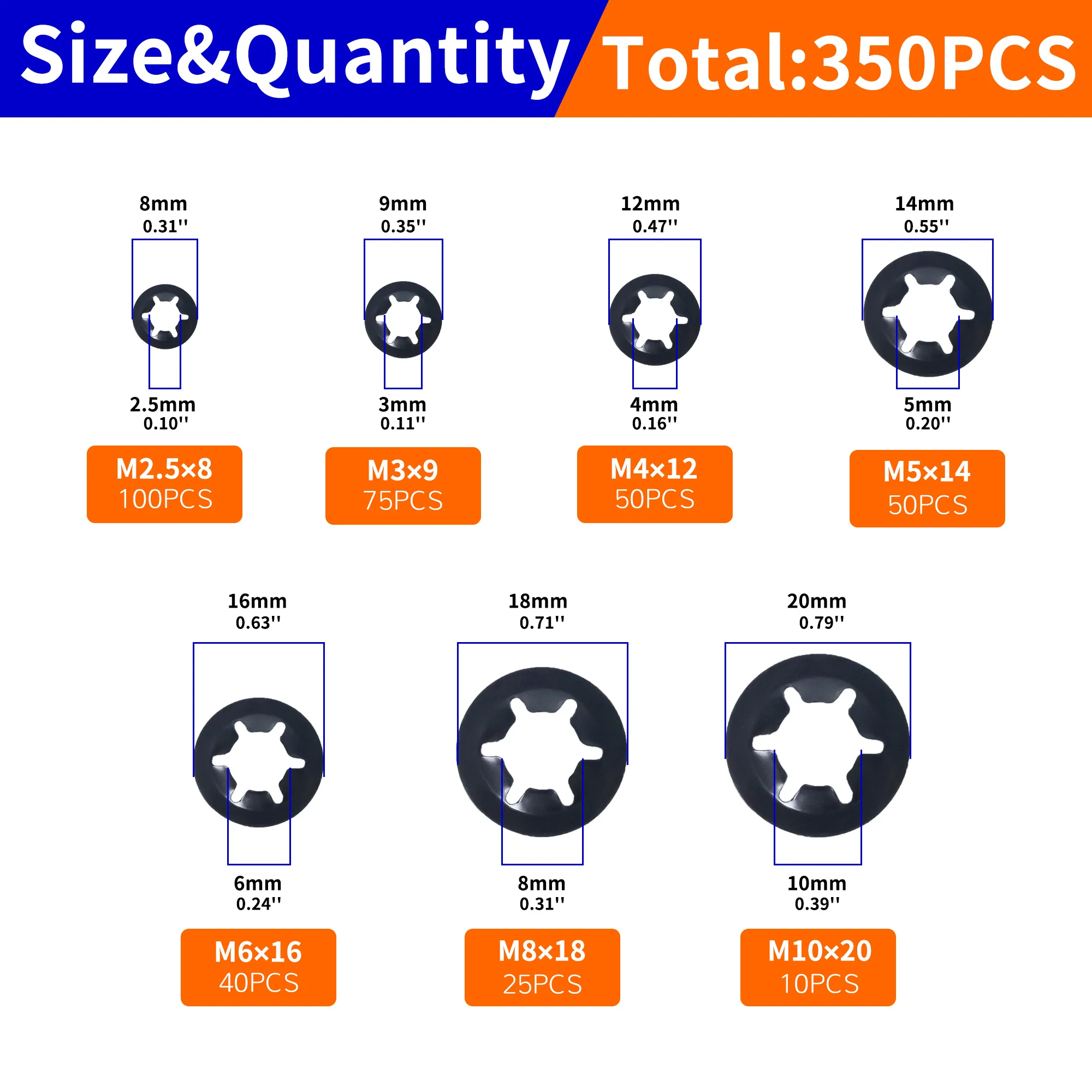 350PCS Internal Tooth Washers Push On Speed Clips Fasteners Assortment Kit M2.5 M3 M4 M5 M6 M8 M10 External Circlip Self-Lock