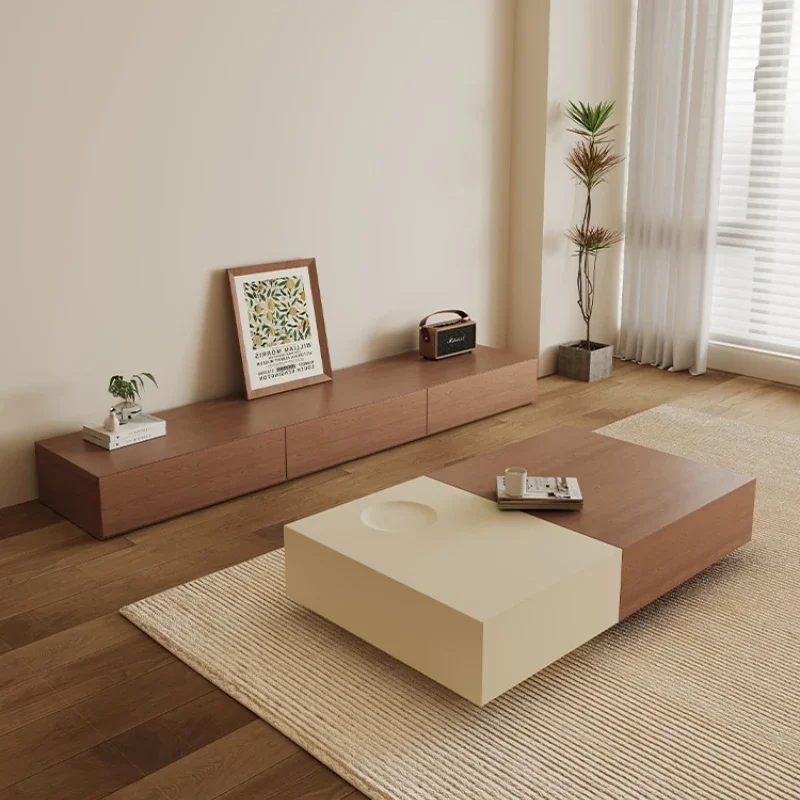 

Coffee table TV cabinet combination Italian minimalist walnut color TV cabinet TV cabinet