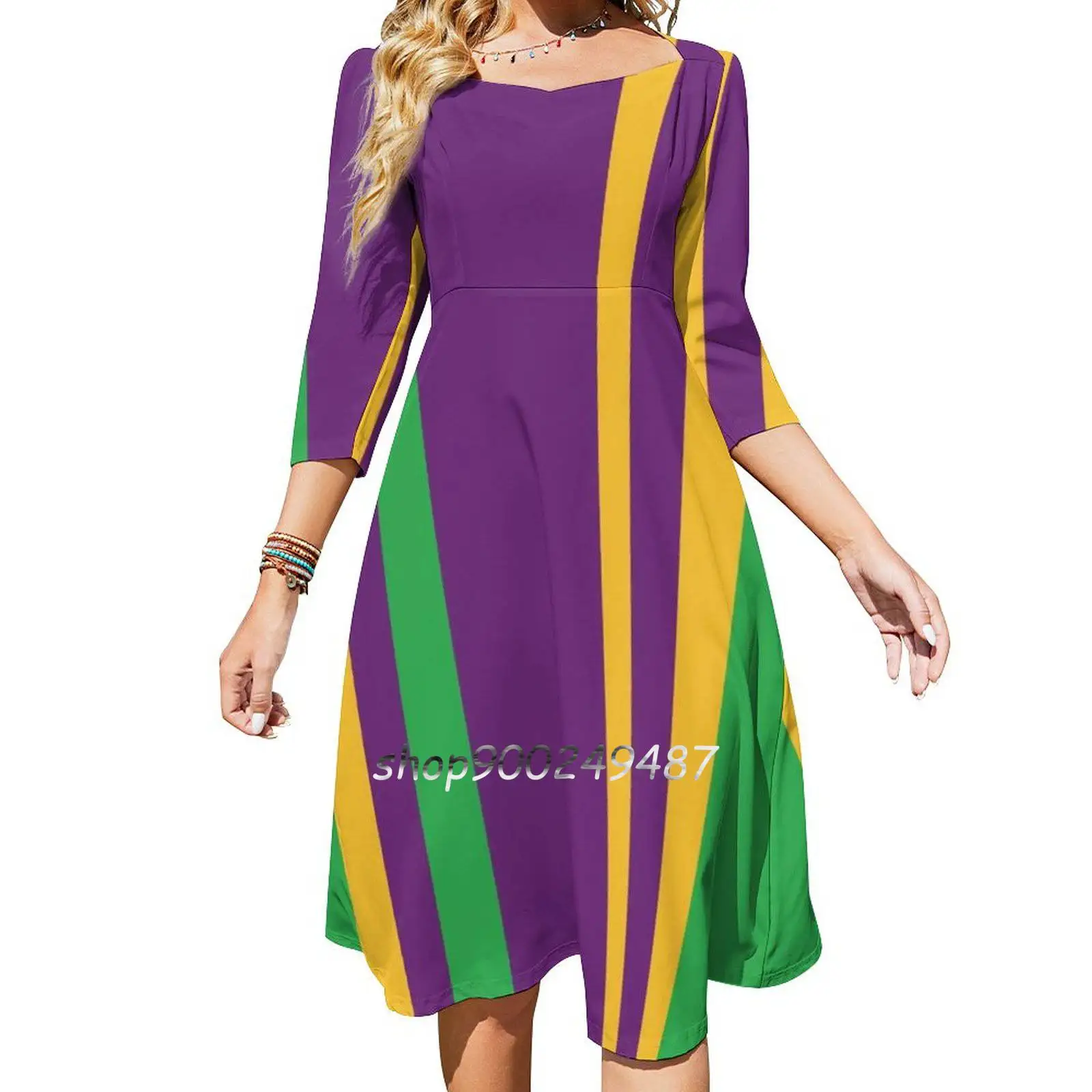 

Panisregis Purpura Square Neck Dress Cute Loose Print Dresses Elegant Beach Party Dress Dessert King Cake Mardi Gras Carnival