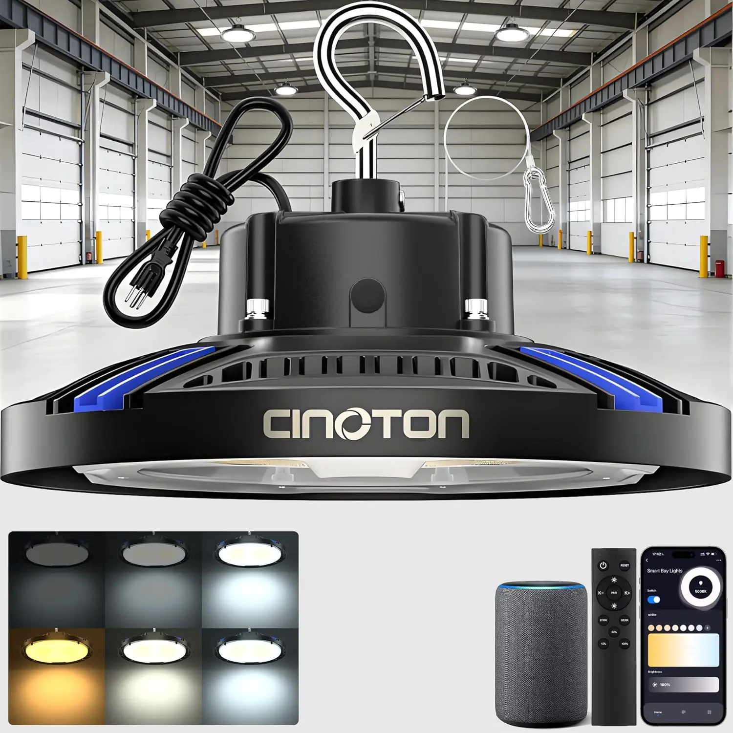 

Smart UFO LED High Bay Light 150W 21000lm, 2700K-6500K Dimmable, ETL Listed, APP/Alexa/Remote Control for Garage Workshop