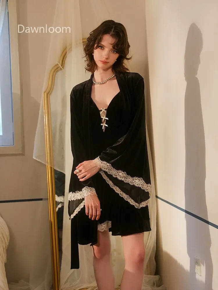 Dawnloom Women's Black Velvet Lace Two-Piece Nightgown Set with Strapped Deep V Bandeau And Blouse Retro Sexy Home Wear