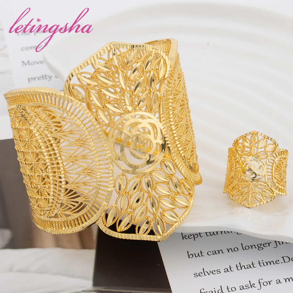Hohles Modisches Goldfarbenes Manschettenarmband, Ring, Kupferlegierung, Vergoldeter Schmuckset, Armreif für Damen, Täglicher Gebrauch, Party, Hochzeitsgeschenke – Detail 15