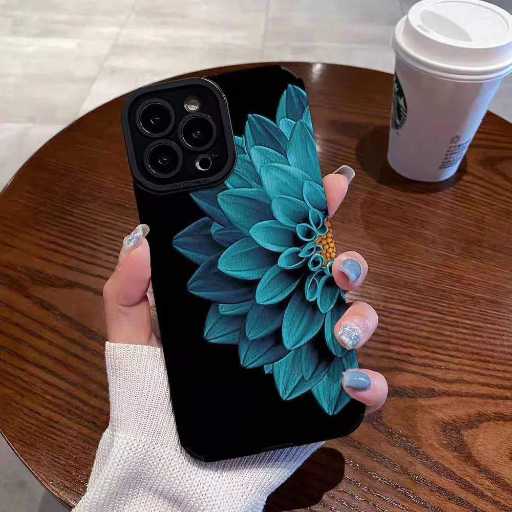 Fashion Blue Flower Silicone Leather Case For iPhone 17 Air 16 11 12 13 14 15 Pro Max Plus Mini Soft Shockproof Full Cover