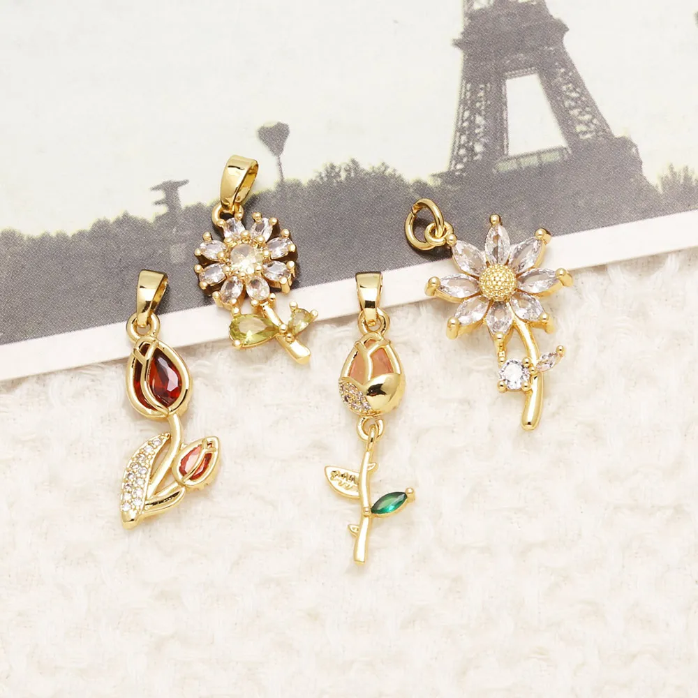 OCESRIO White Crystal Rose Tulip Pendant for Necklace Copper Gold Plated Daisy Flower Bag Charm Jewelry Making Component pdta324