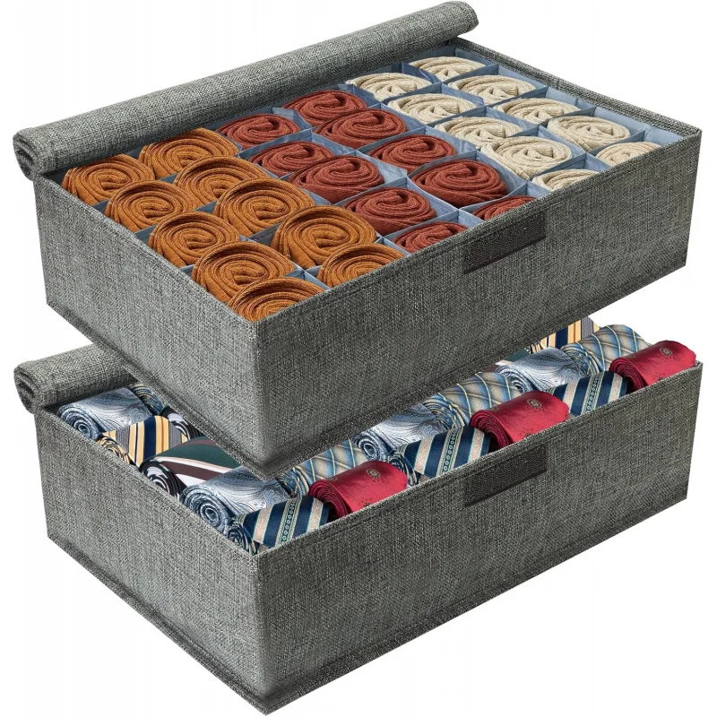 

Gray Sock Divider 2 Pack with Lid - 30 Cell Foldable Closet Storage, Tie Organizer Men Boxes for Socks, Ti