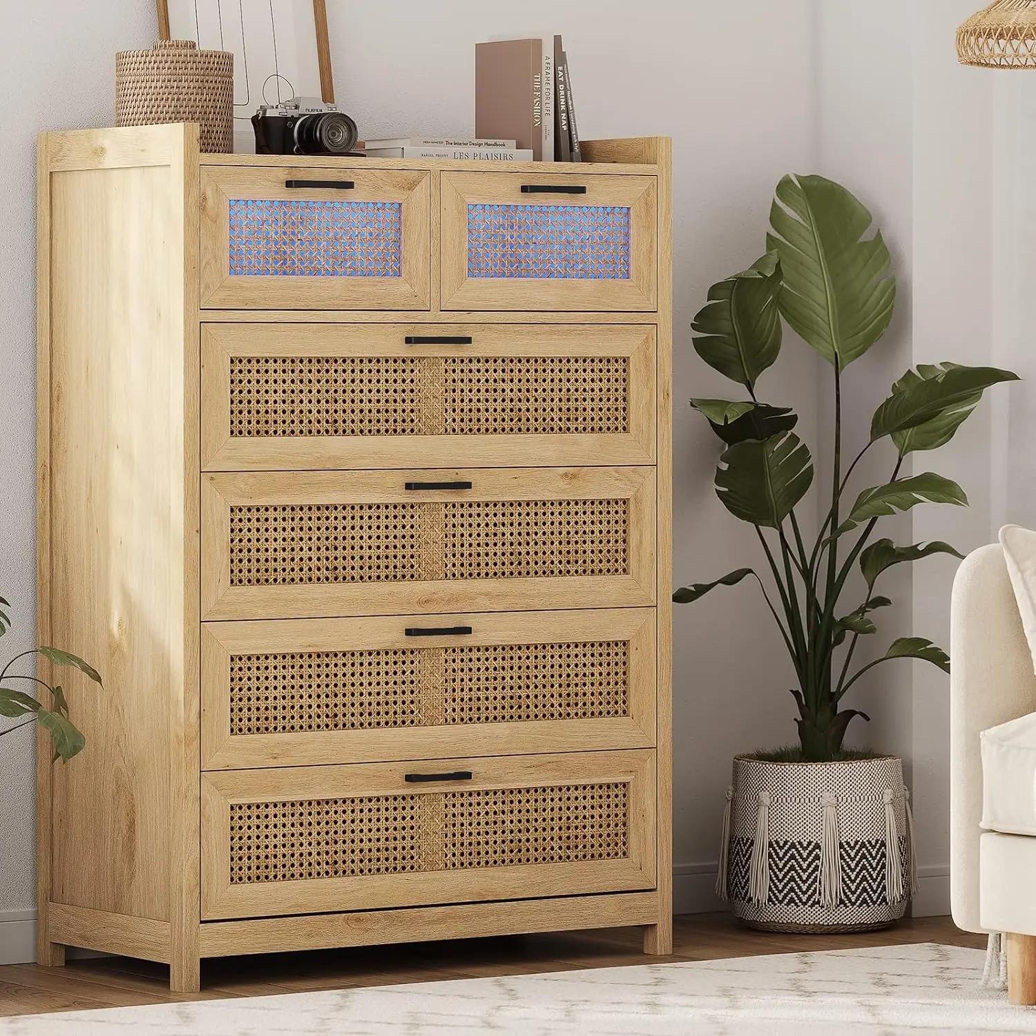 6/7 Drawer Dresser for Bedroom, Natural Rattan Wood Dressers with Led Light, Tall Dressers & Chests of Drawers, Closet Dresser