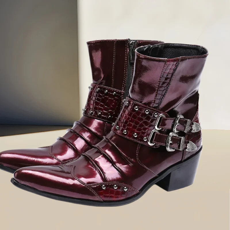 Belts Buckle Shoes for Males Pointed Toes Patent Leather Chassure Hommes Solid Zapatos De Hombre Sewing Lines Mens Short Boots