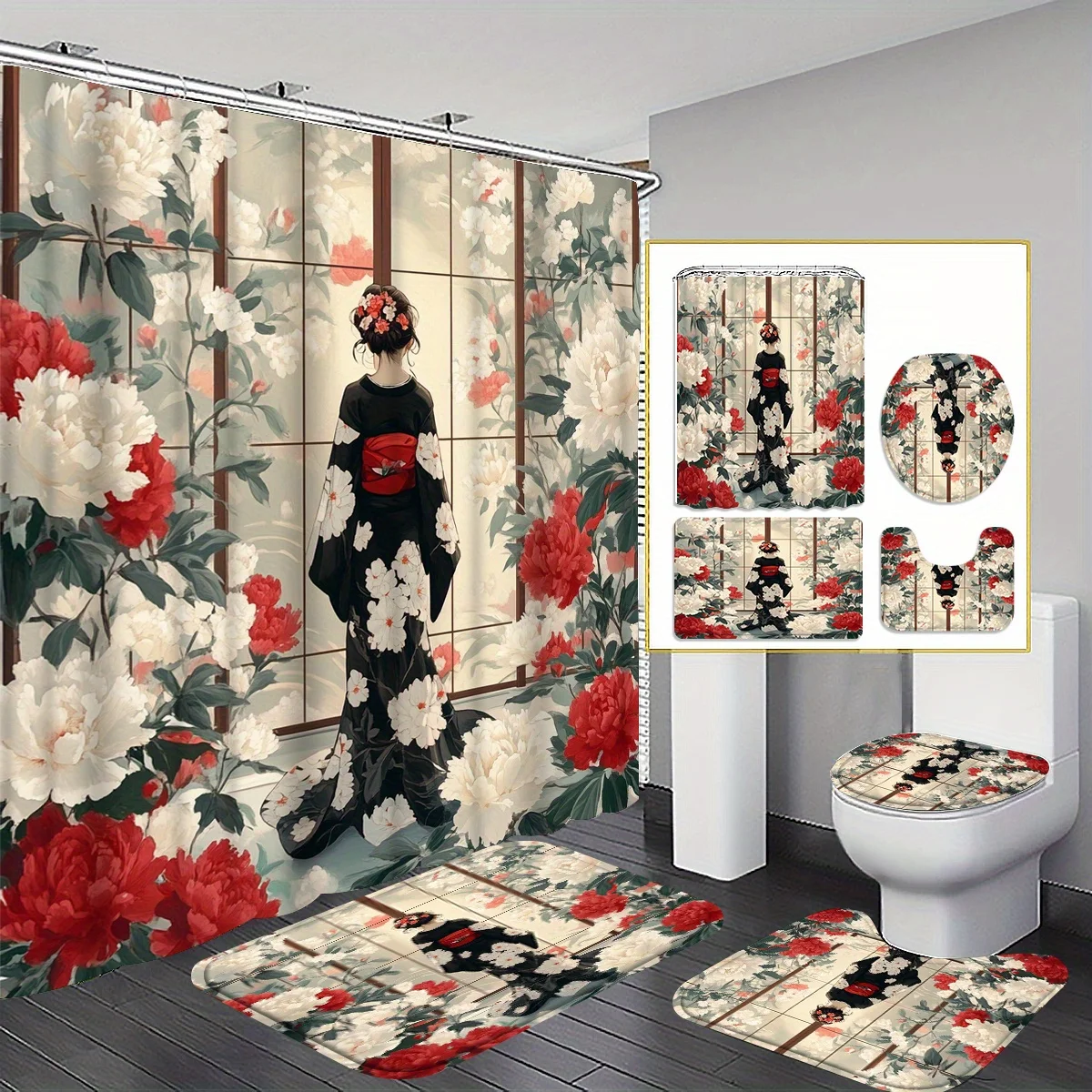 

4 шт., традиционное кимоно с японским пионом и цветочным принтом для девочек, набор занавесок для душа, занавески для ванной комнаты, декор для ванной комнаты, подарок для душа