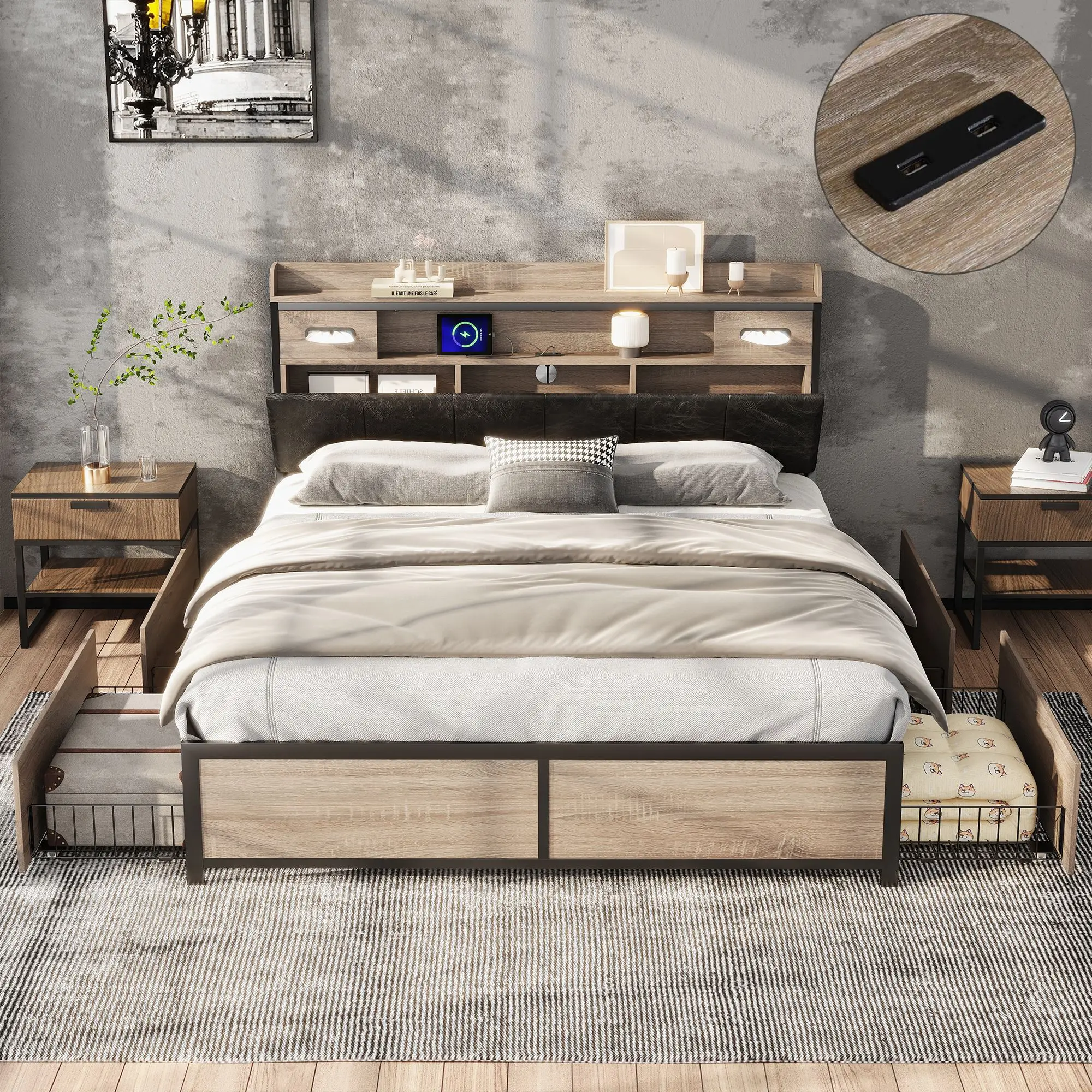 Metal bed 140x200 cm Youth Bed with USB Port, Storage Headboard Metal Slatted Floor, Black + Oak Without Mattress