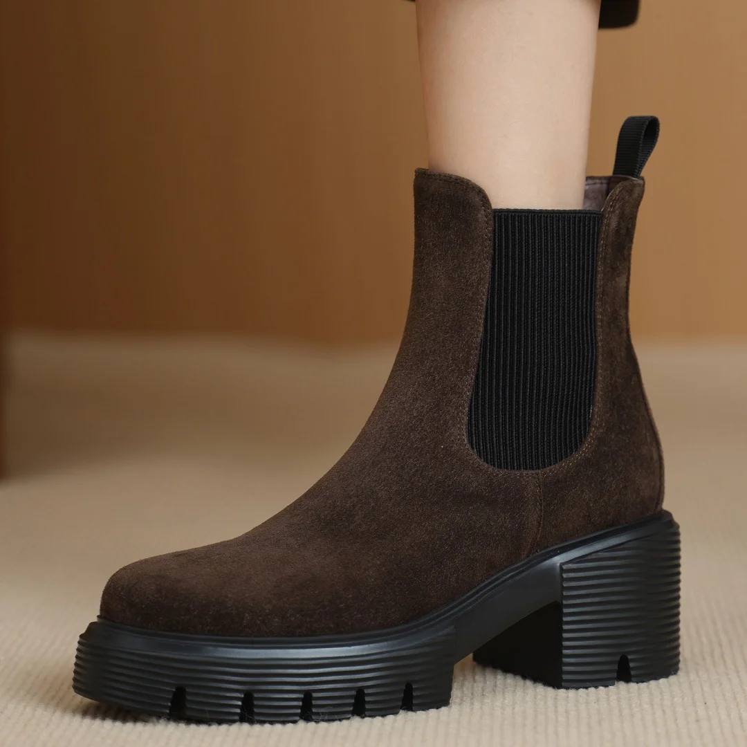 

Women's natural suede leather elastic fabric patchwork slip-on autumn ankle Chelsea boots 7cm chunky heel platform short booties