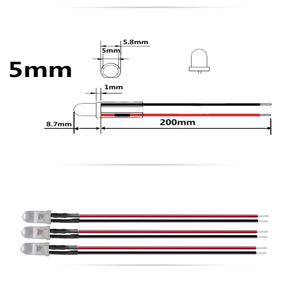 5mm LED 12V 24V 20cm Pre-wired Round LED Diode Lamp Decoration Light Emitting Diodes Red Green Blue white or with Plastic holder