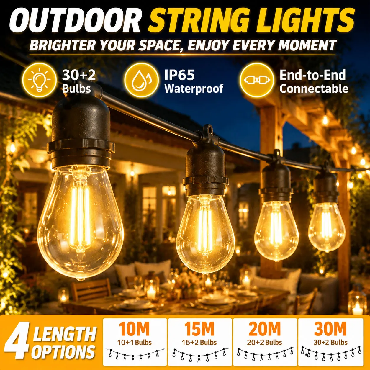 220V Outdoor String Lights Garland Decoration IP65 Waterproof ST38 Warm Light Bulb 10/15/20/30M Patio Street Camping Fairy Light