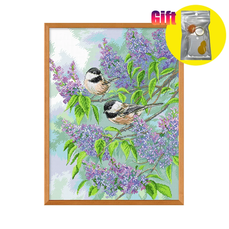 Spring cross stitch printed canvas kit animals Two magpies and lilacs easy DIY embroidery kit Art and crafts home decoration