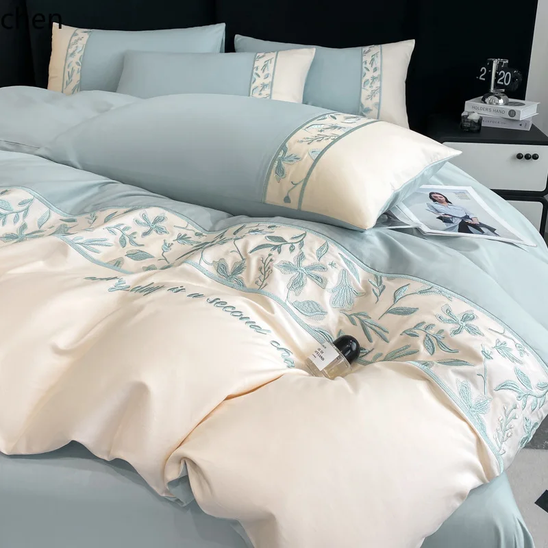 HXL 100-count long-staple cotton four-piece set of pure cotton bed sheets and duvet cover with embroidery