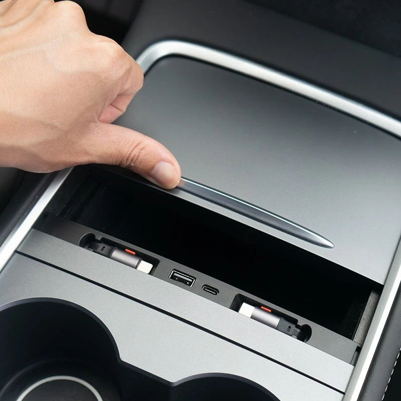 For Tesla model 3/Y Center Console Docking Station Cover Retractable Cable Dust-Proof Slide Lid 27W Fast Charging Car Accessory