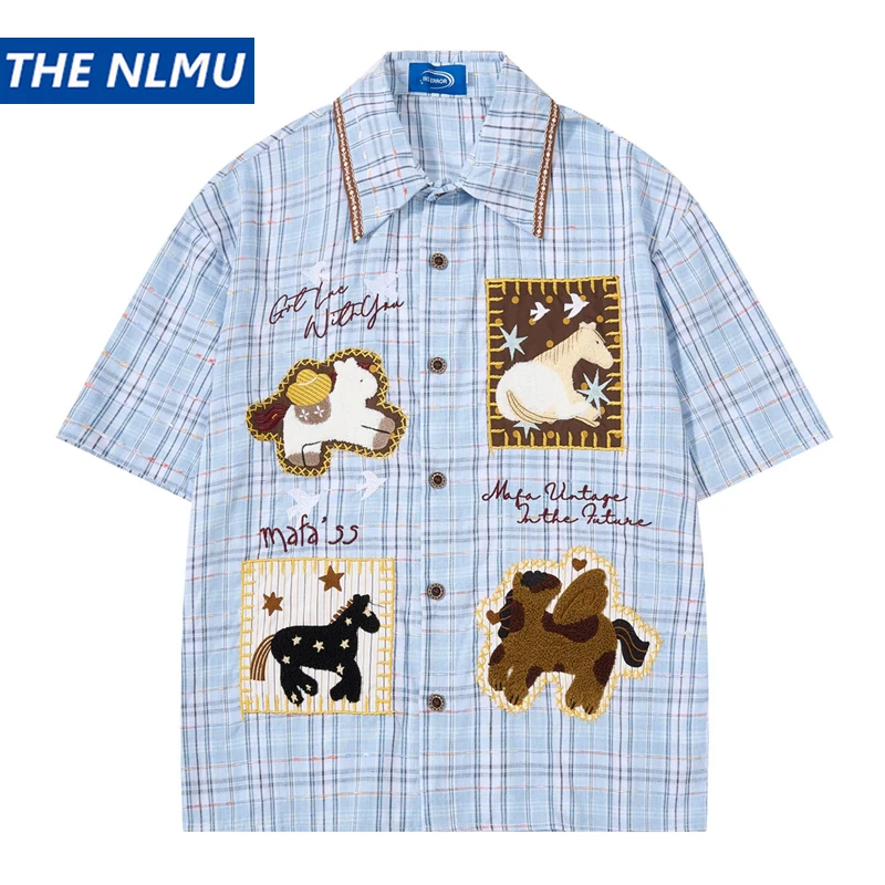 

Summer Loose Plaid Shirt Men Women American Vintage Funny Pony Embroidery Casual Short Sleeve Top Unisex Shirts