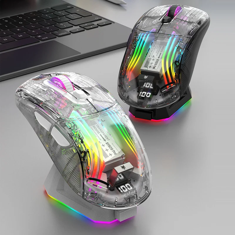 Imagem -06 - Rato para Jogos de Iluminação sem Fio Rgb com Doca de Carregamento Magnética Mouse com Fio para pc Gamer Transparente Bluetooth 2.4g Modos