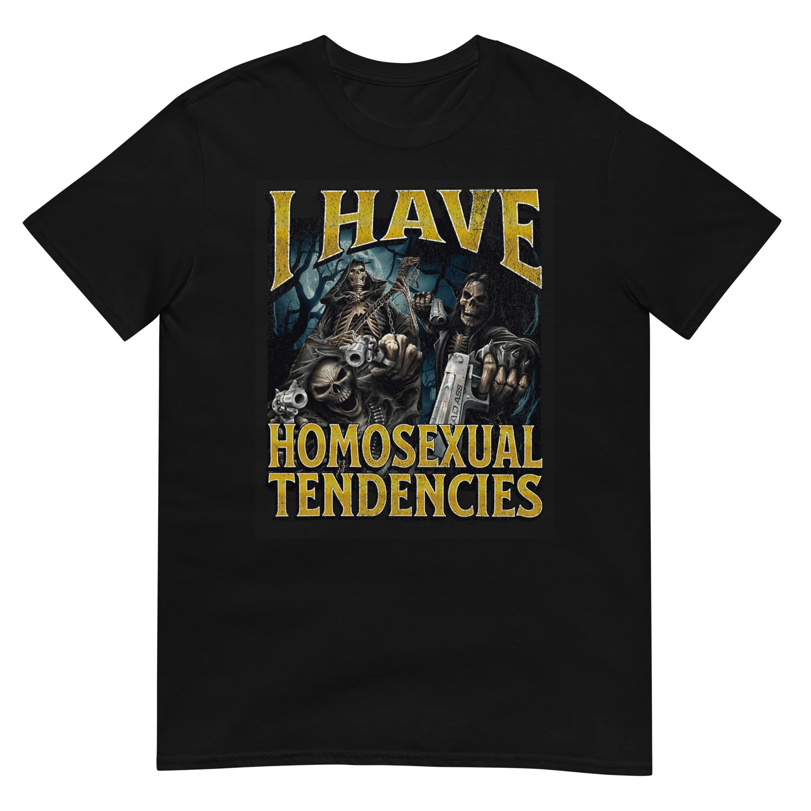 

Funny Skeleton Meme T-Shirt with Homosexual Tendencies Design