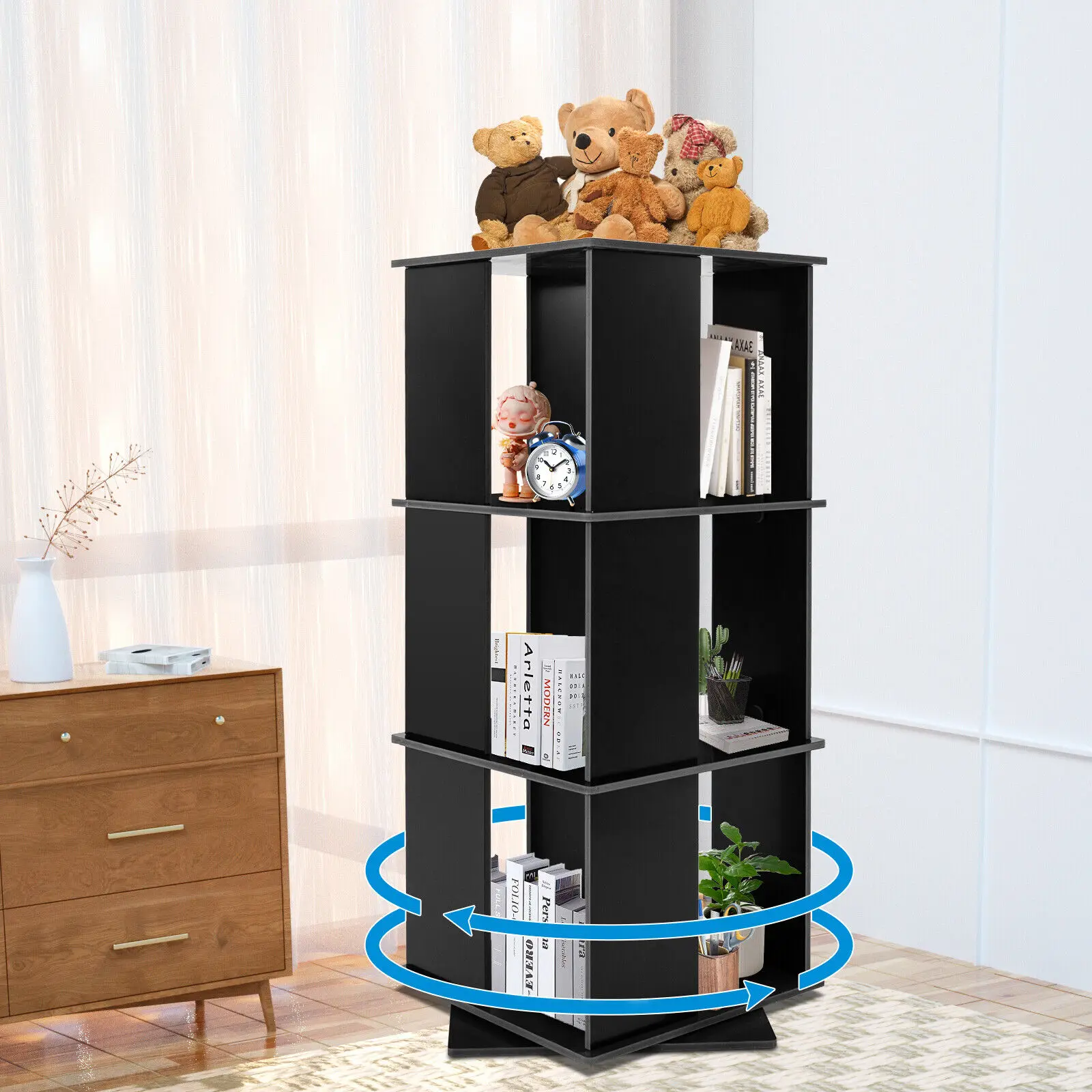 3 layers 360° Rotating Bookshelf Display FreeStanding Wood Bookcase Storage Rack