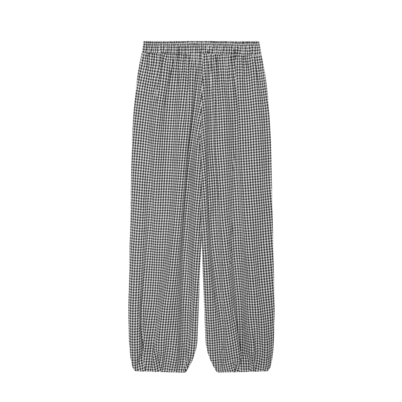 Women's Loose drawstring elastic waist Check Pants with Drawstring Casual Elastic Waist Female Sarouel Vintage Female Pants