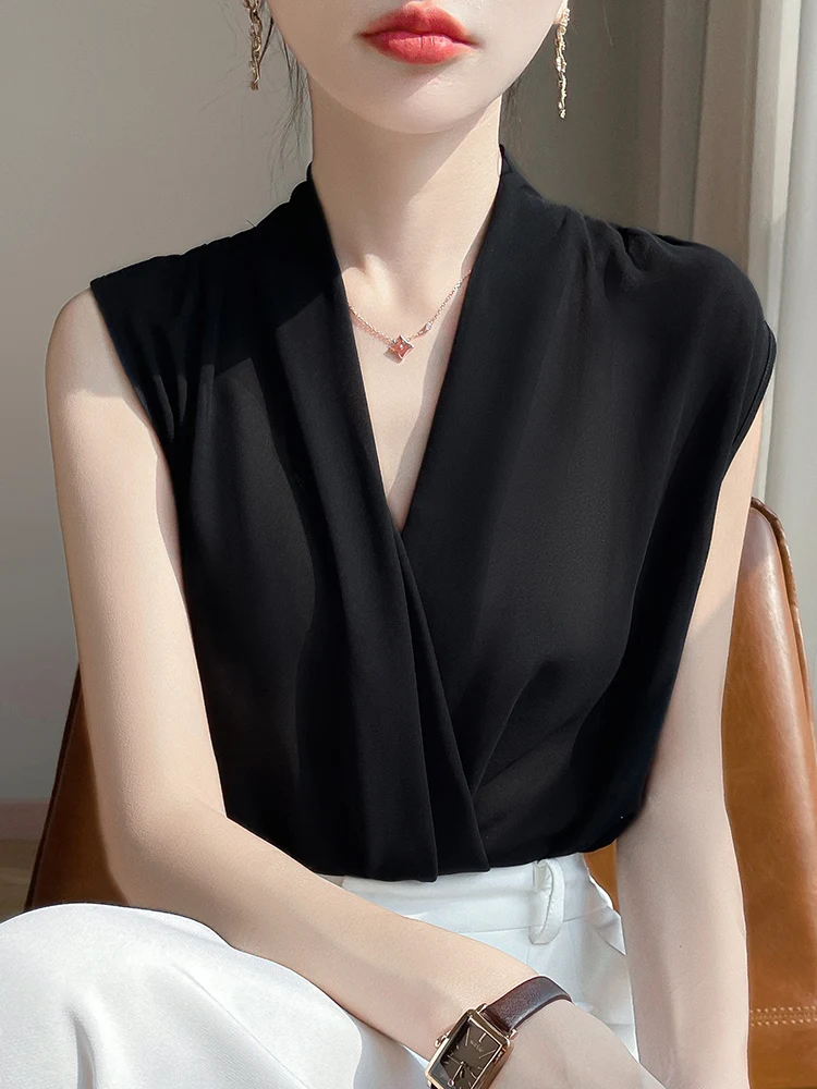 Chiffon Sleeveless Shirt Women 2025 Summer Temperament Crossed V Neck Vest Tank Female Solid T-Shirts Tops