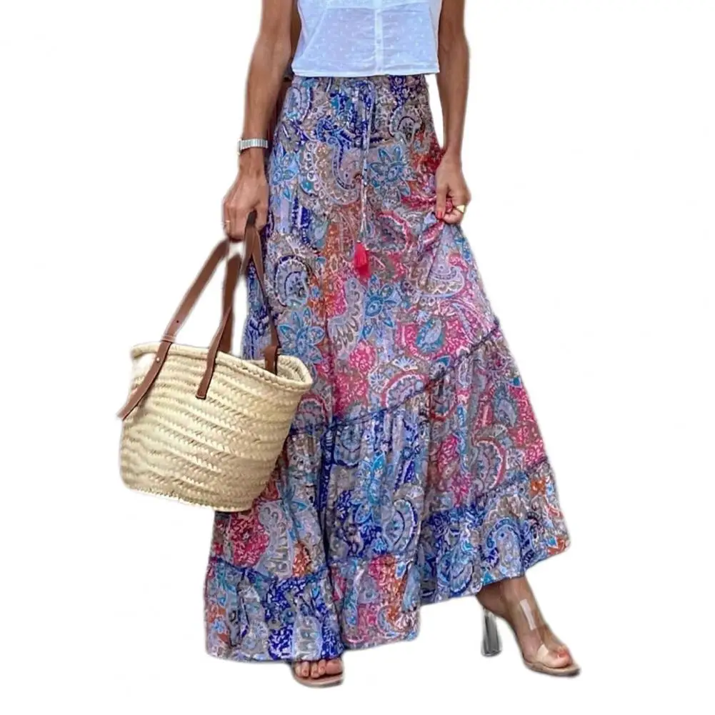 Summer Women Skirt High Waist Tassel Lace-up Long Skirt Bohemia Style Floral Print Ruffle Stitching Hem Party Wedding