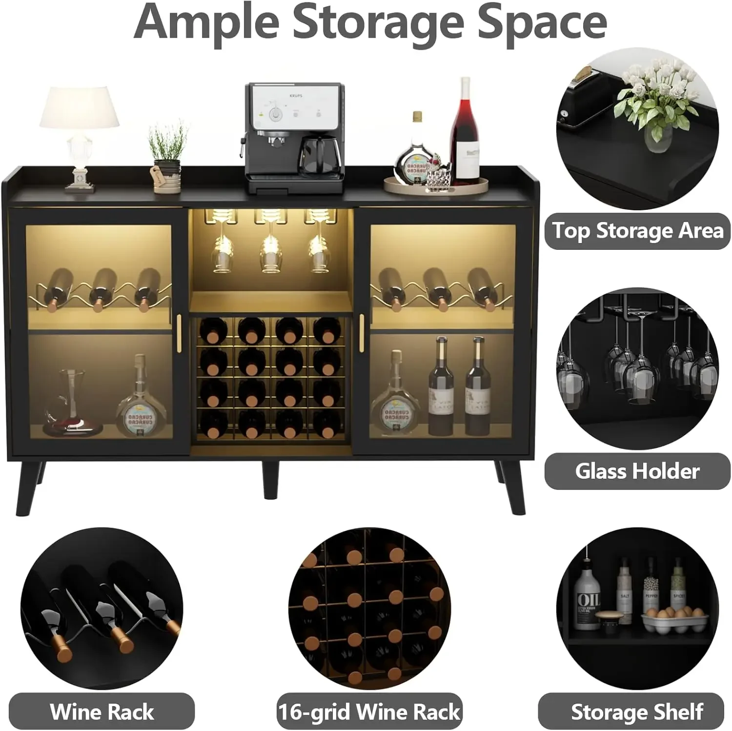 Cabinet with Led Light, Home Coffee Cabinet with Wine and Glass Rack, Kitchen Buffet Sideboard with Storage Shelves