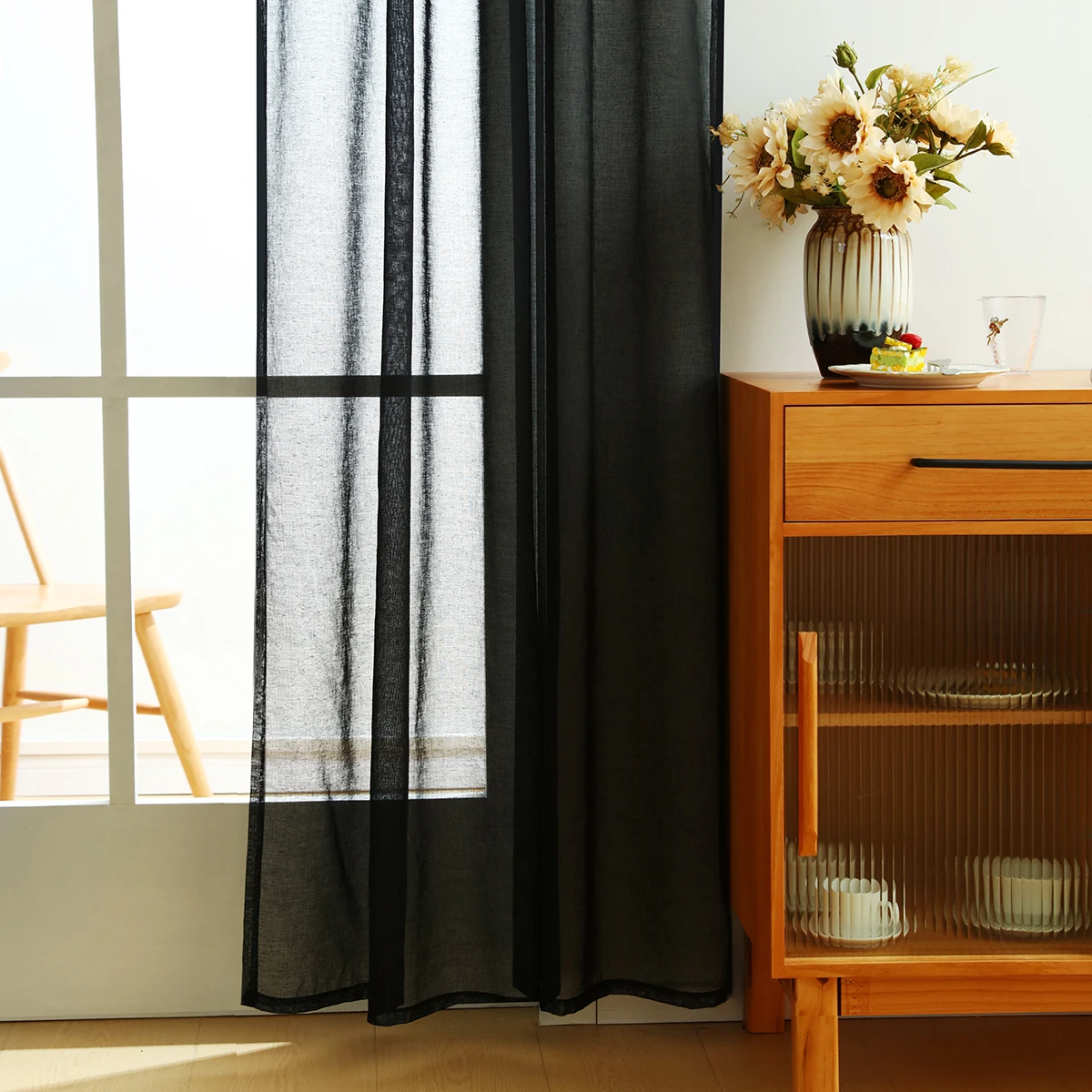 1pc Black Polyester Fabric Sheer Curtain,Rod Pocket,Dark Style Translucent Gauze Curtains for the Room Decor
