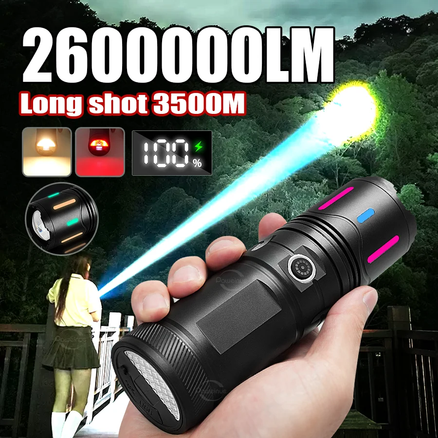 

Ultra Powerful 600W LED Flashlight Strong Light Long Range Torch Built-in 7800mAh Rechargeable Fluorescent Tactical Flashlights