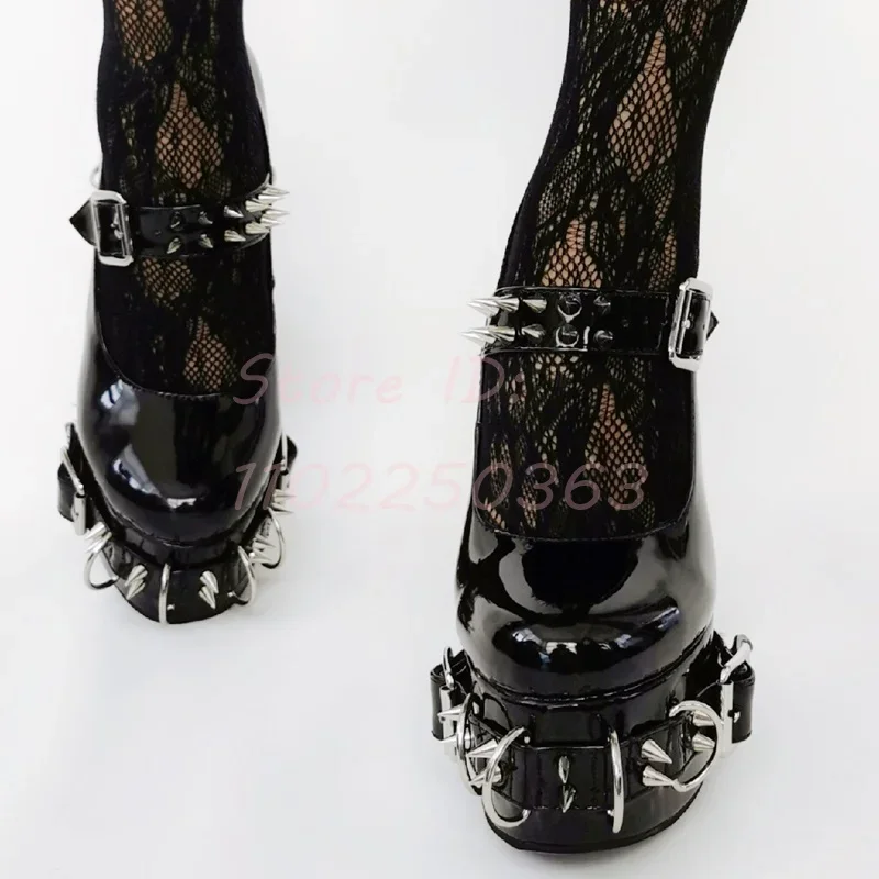 Punk Rivet Y2K Platform Pumps Lolita Gothic Round Toe Belt Buckle Chunky High Heels Patent Leather Sandals Hot Girl Shoes 2024