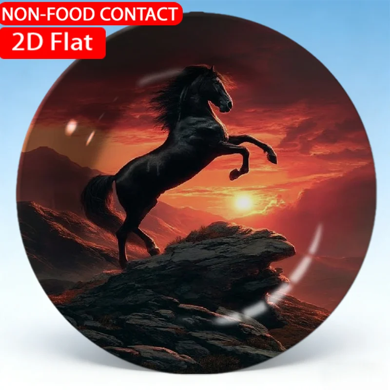 1pc Elegant Ceramic Decorative Plate-Dramatic Mountainous Horse Black Theme Design Non-Food Contact, Home Desk Ornaments,