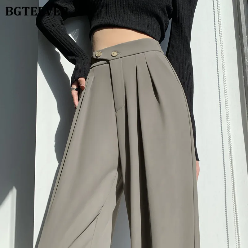 BGTEEVER Autumn Two Buttons Female Wide Leg Pants Pockets Straight Trousers for Women Elegant Solid Ladies Long Pants