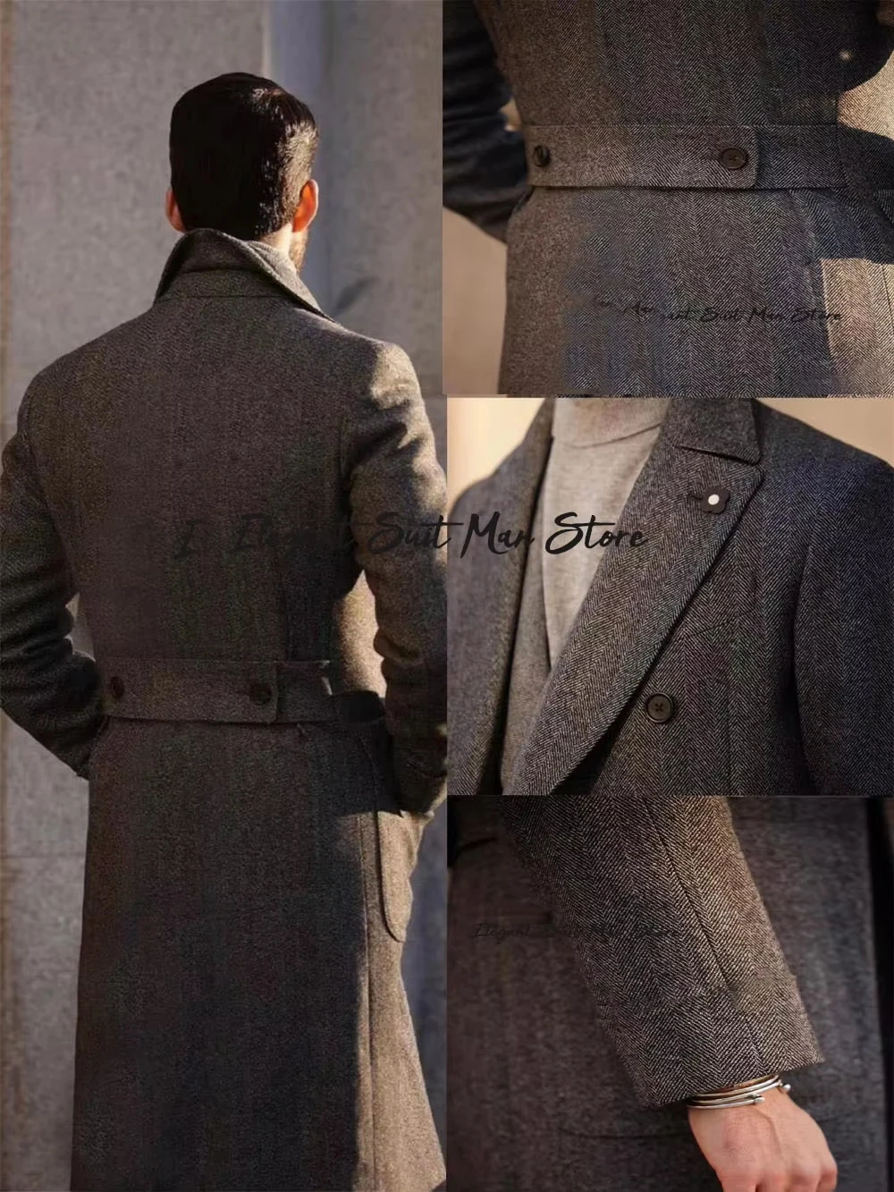 Langer Business-Mantel für Herren aus italienischer Fischgrätenmuster, Herbst-Winter, zweireihig, klassische Anzüge, lange Mäntel