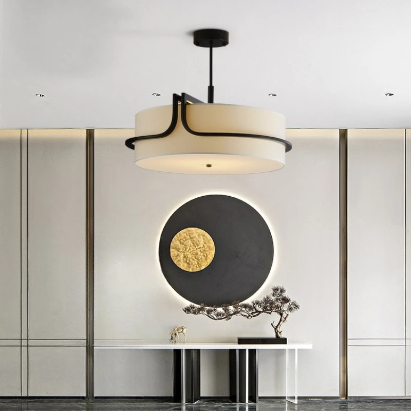 New Chinese Minimalist Cloth Pendant Lights Dining Table Carbon Steel Frame Led Chandelier Bar Restaurant Hanging Lamps Decor