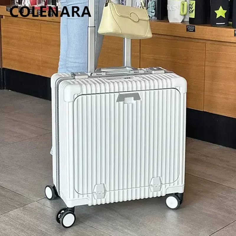 COLENARA Carry-on Luggage 18 Inch Small Boarding Box PC Aluminum Frame Trolley Case Multi-function USB Charging Suitcase