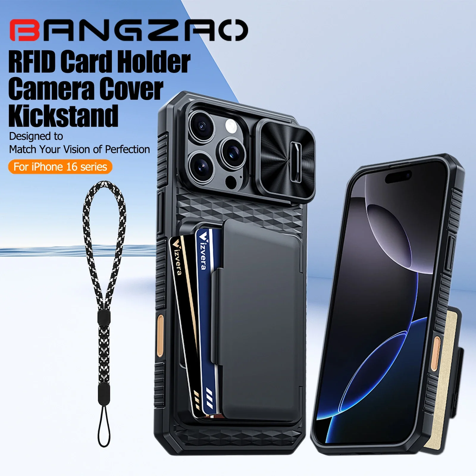 

Чехол для iPhone 16E/16 Pro Max, держатель для карт, чехол для камеры, прочный противоударный силиконовый защитный чехол для всего тела, черный