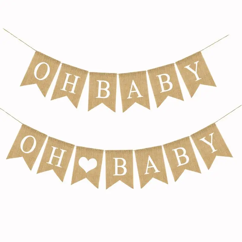 Holiday Party Baby First Year Decoration OH BABY linen Swallowtail Flag  Baby Shower DIY linen Flag Decoration Supplies