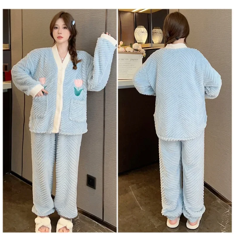 5XL Plus Size Winter Thickened Coral Fleece Pajama Set Women Korean Sweet Long Sleeve Cardigan Flannel Homewear Loose Loungewear