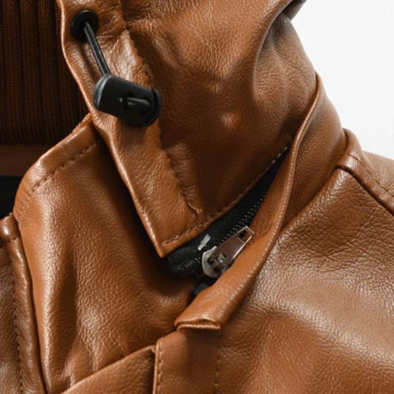 Men Solid Color Casual Fashion Mid-Length PU Leather Coat 2023 New Men Slim Hooded Leather Jacket Large Size All-match Outwear