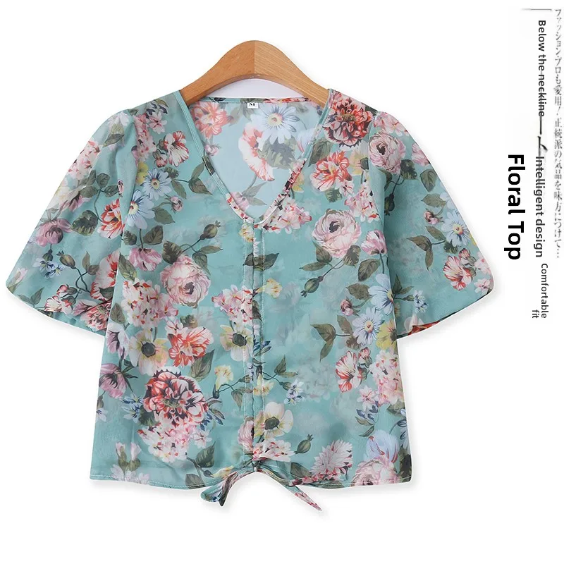 

Floral Print Chiffon Top V-Neck Short Sleeve Belted Slimming Versatile Women's Summer Fashion Anti-Aging Small Shirt 12582