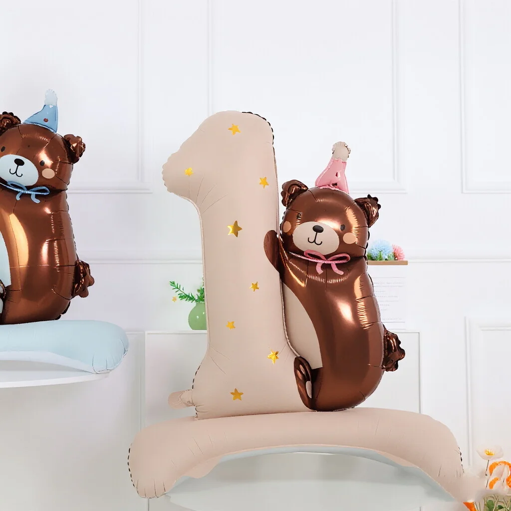 1. Geburtstag Bären-Ballon-Set Große Nummer 1 Bären-Folienballon mit Standfuß für Baby Mädchen Junge 1. Geburtstagsparty Dekoration – Detail 2