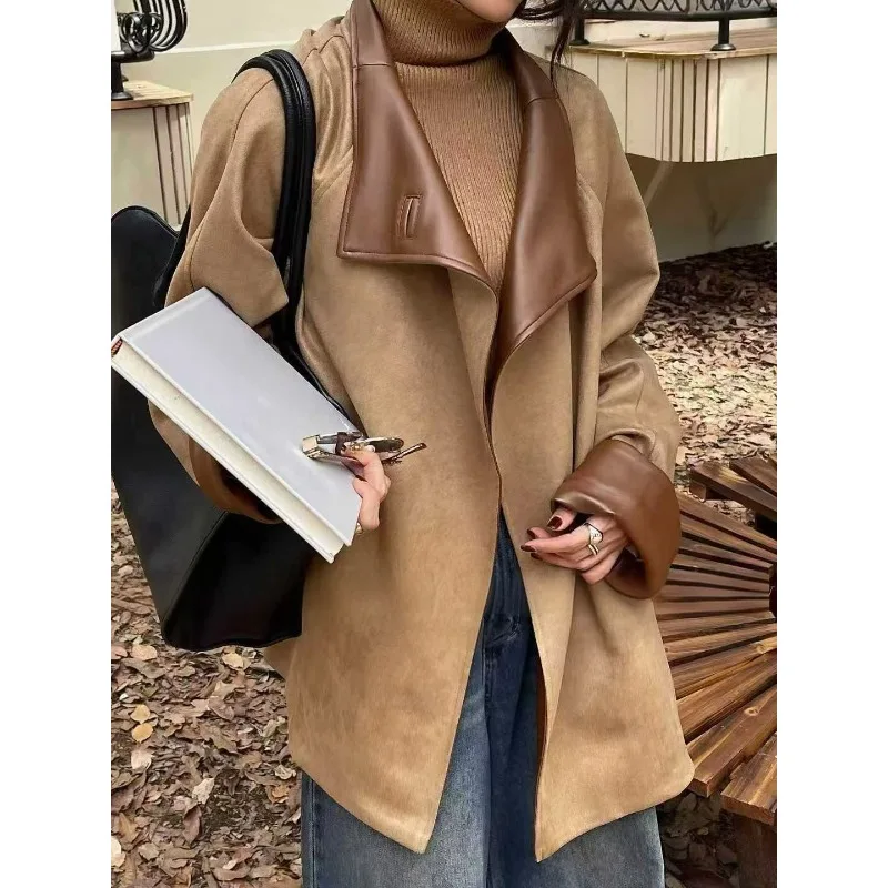 High-end Lapel Deerskin Velvet Splicing PU Leather Lace-up Trench Coat for Women's 2025 Winter Medium and Long Coat