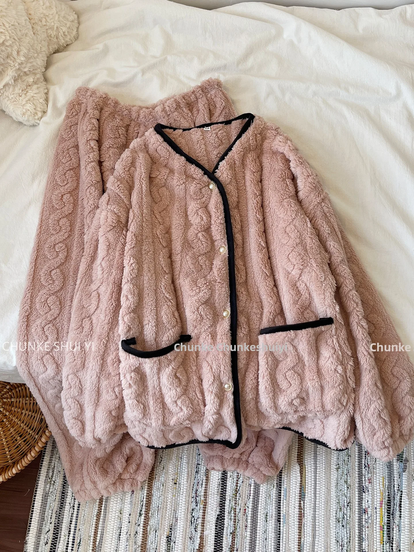 thickened-fleece-pajamas-set-women's-winter-home-clothes-coral-velvet-v-neck-long-sleeve-soft-warm-home-suit-two-piece-set