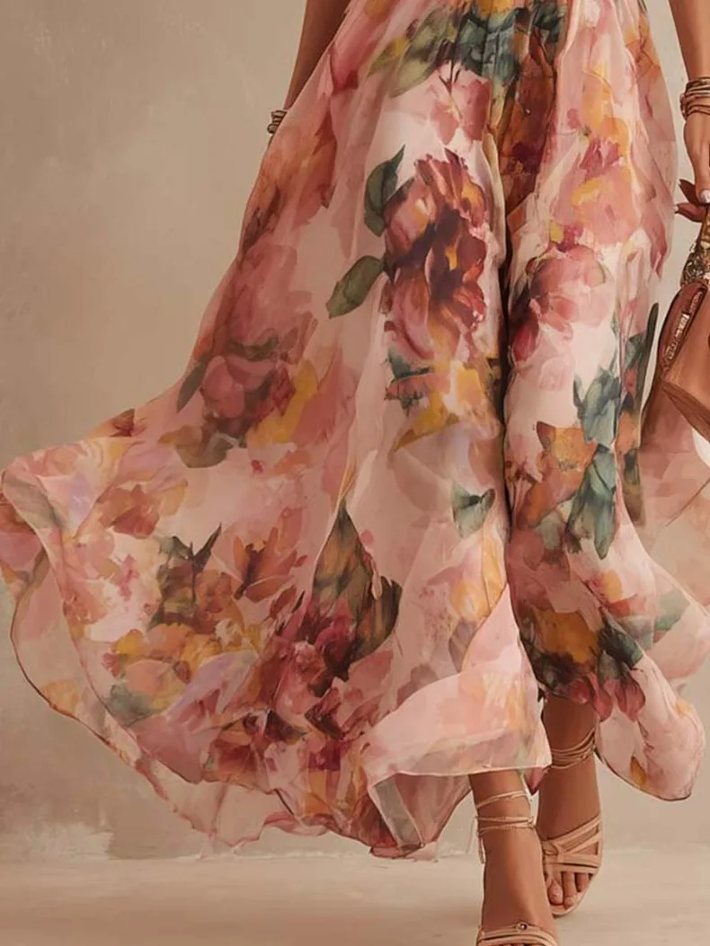 Retro bedrucktes, schulterfreies, ärmelloses A-Linien-Kleid mit Taillenbund für tägliche Partys, Geburtstage, sexy, elegantes langes Damenkleid – Detail 9