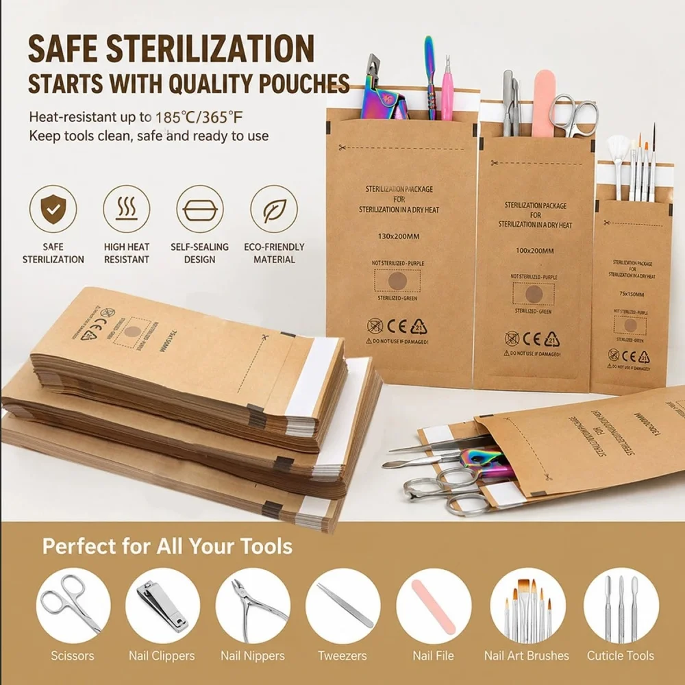 200Pcs Dry Heat Sterilization Pouches Kraft Paper Self Sealing Cleaning Bags for Dental Tools Nail Art Salon Autoclave Supplies