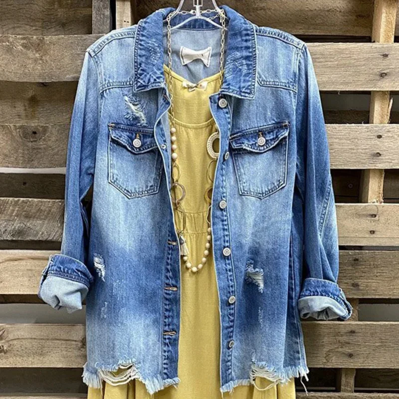 

Blue Denim Coat Women Jacket Long Turn Down Collar Jeans Coat Ripped Long Sleeve Tops Casual Jean Jacket Button Up Top Coat