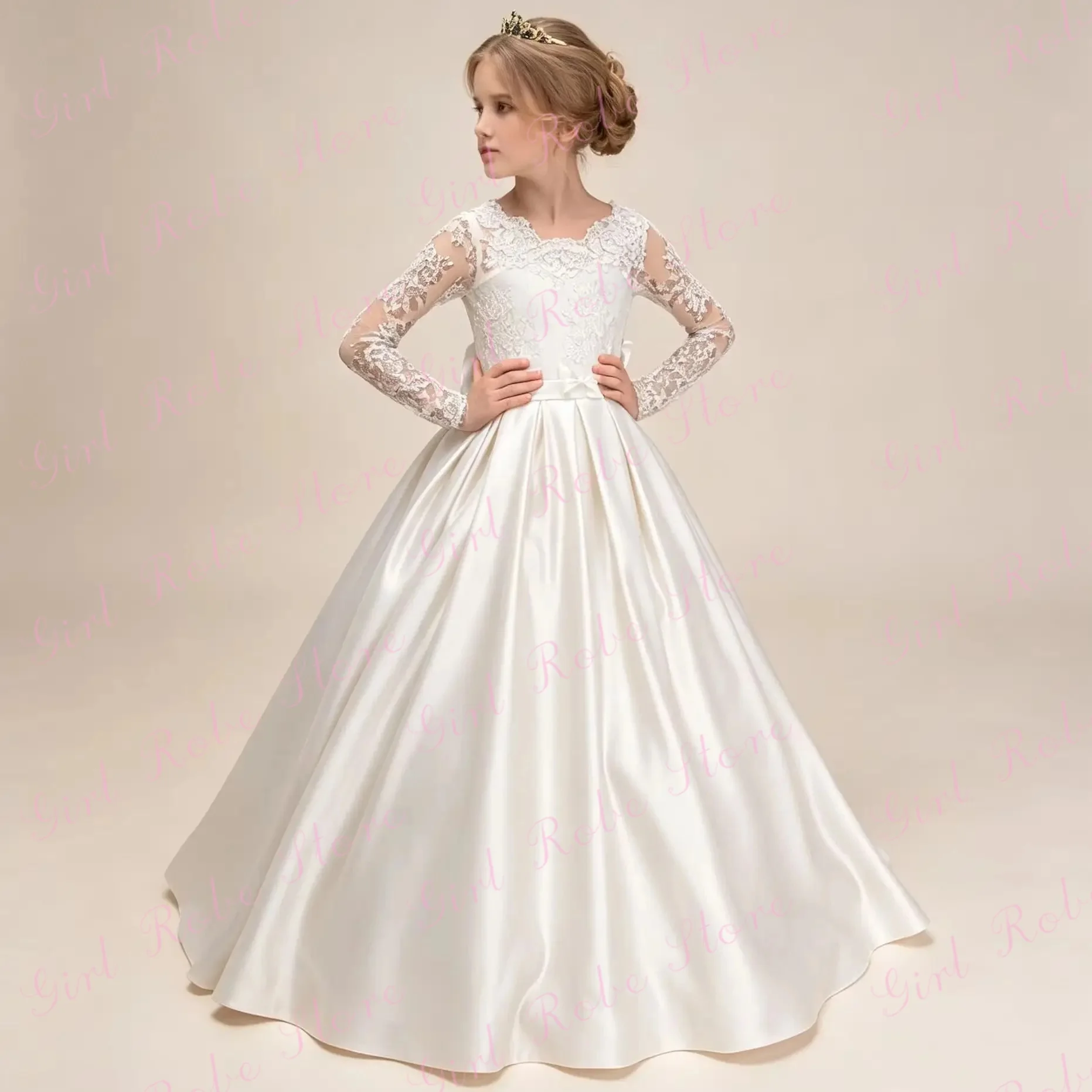 Customized Elegant White Flower Girl Dress For Wedding Quality Satin Full Sleeves Lace Simple Modest Kids Communion Ball Gown