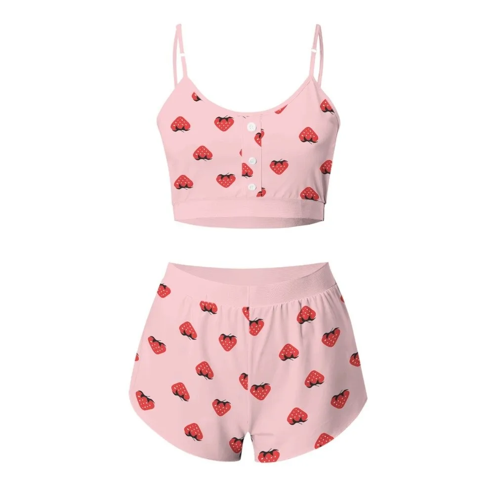 Fashion Multiple Print Women Pajama Set Suspender Style Sleeveless Pajama Shorts Set Breathable Comfortable Sleepwear Set