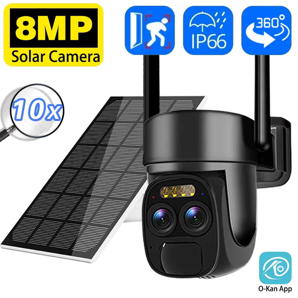 

Solar Outdoor Surveillance PTZ Camera WiFi 4K Wireless 10X Zoom Dual Lens 8MP Cameras Auto Tracking CCTV IP Security O-Kam App