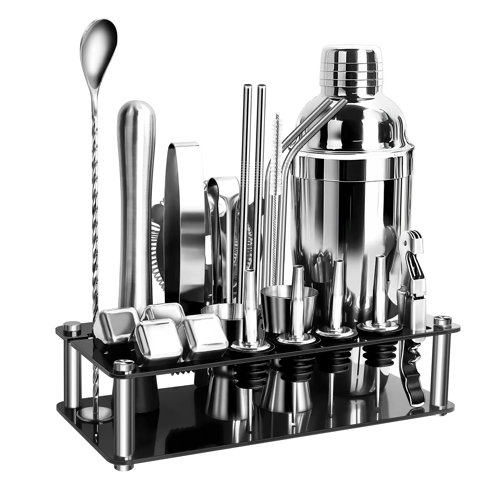 stainless-steel-snow-cup-23-piece-set-acrylic-shelf-bar-bartending-tool-bartender-full-set
